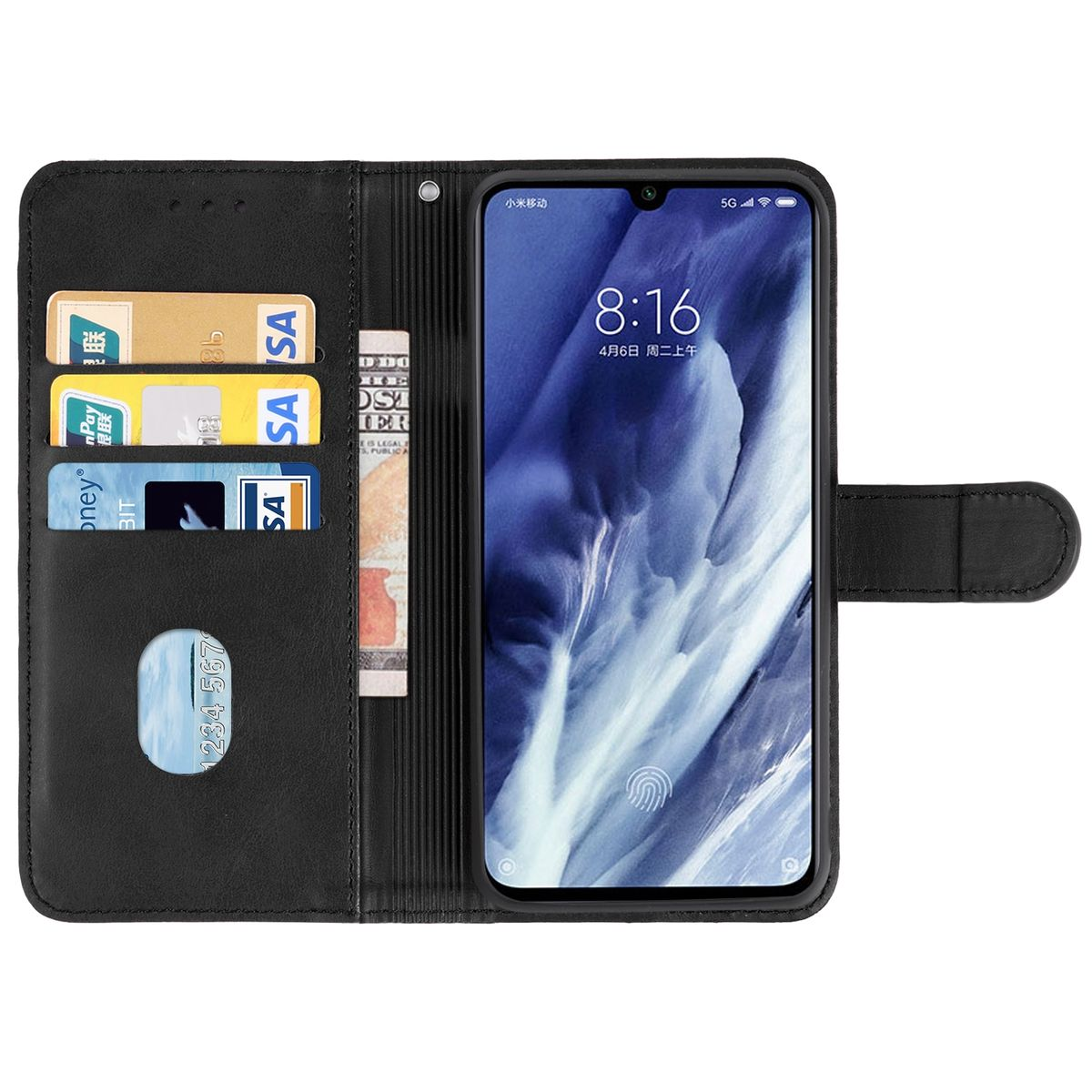 Schwarze Handyhülle mit Karten und Geld, Telefon mit Uhrzeit und Datum.
