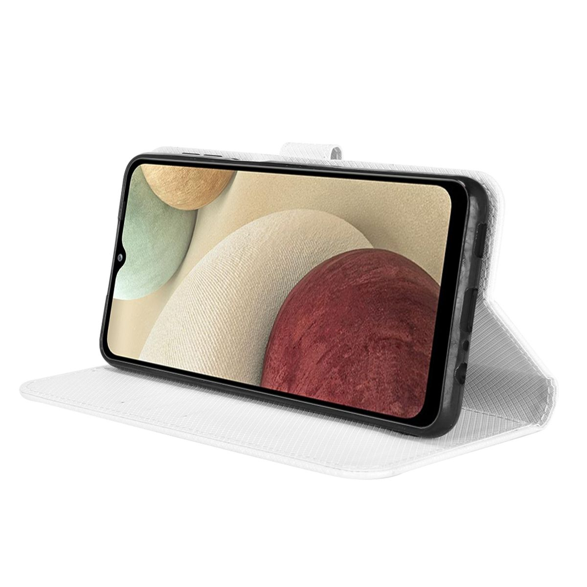 Weißes Handycase, offen, hält ein Telefon mit bunten Formen auf dem Bildschirm.