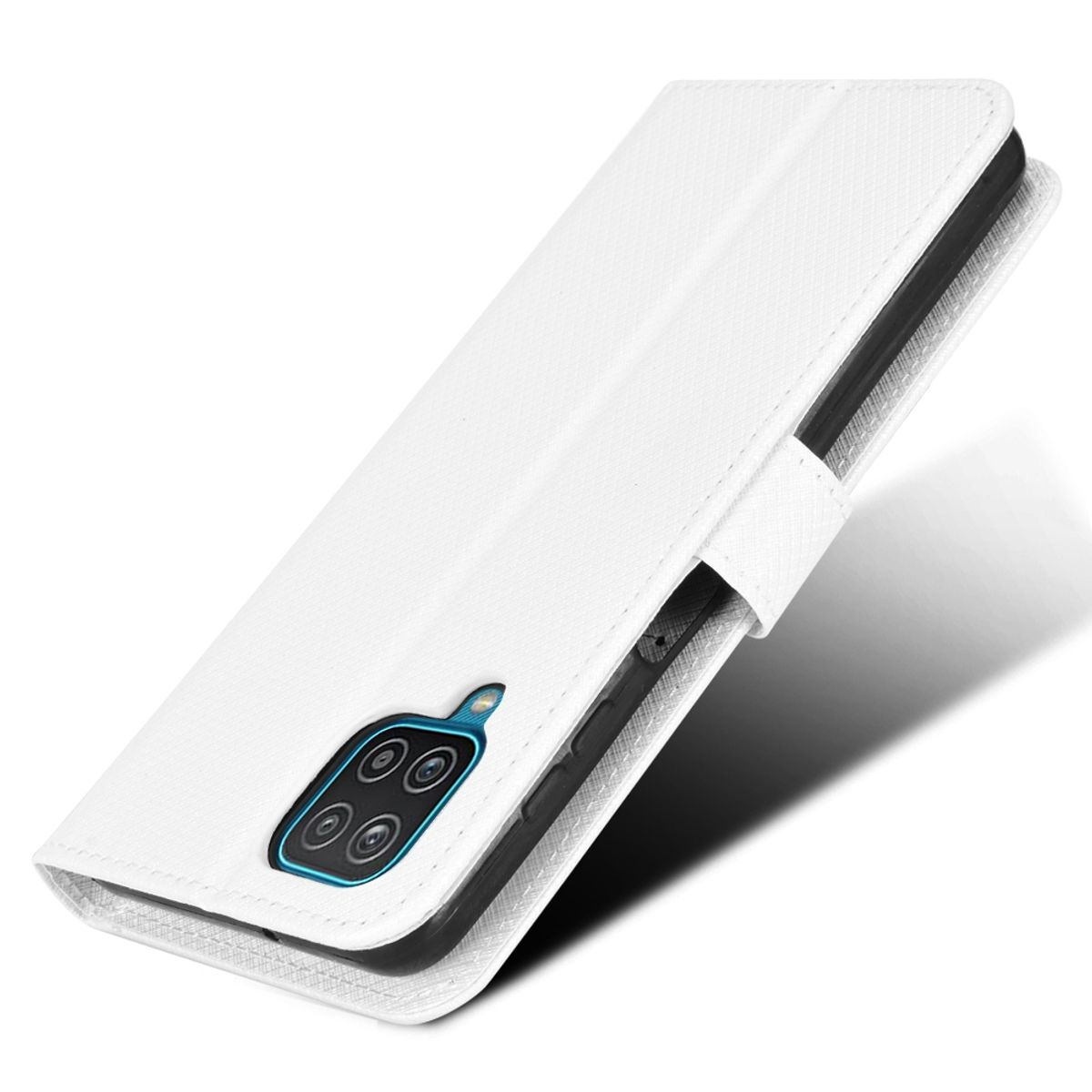 Weißes Handycase, teilweise geöffnet, zeigt ein Telefon mit Kameramodul.