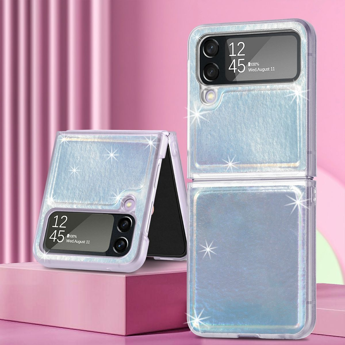 Silberne Handyhülle mit Glitzerfinish, geöffnet und geschlossen. Telefon zeigt '12:45' und 'Wed, August 11'.