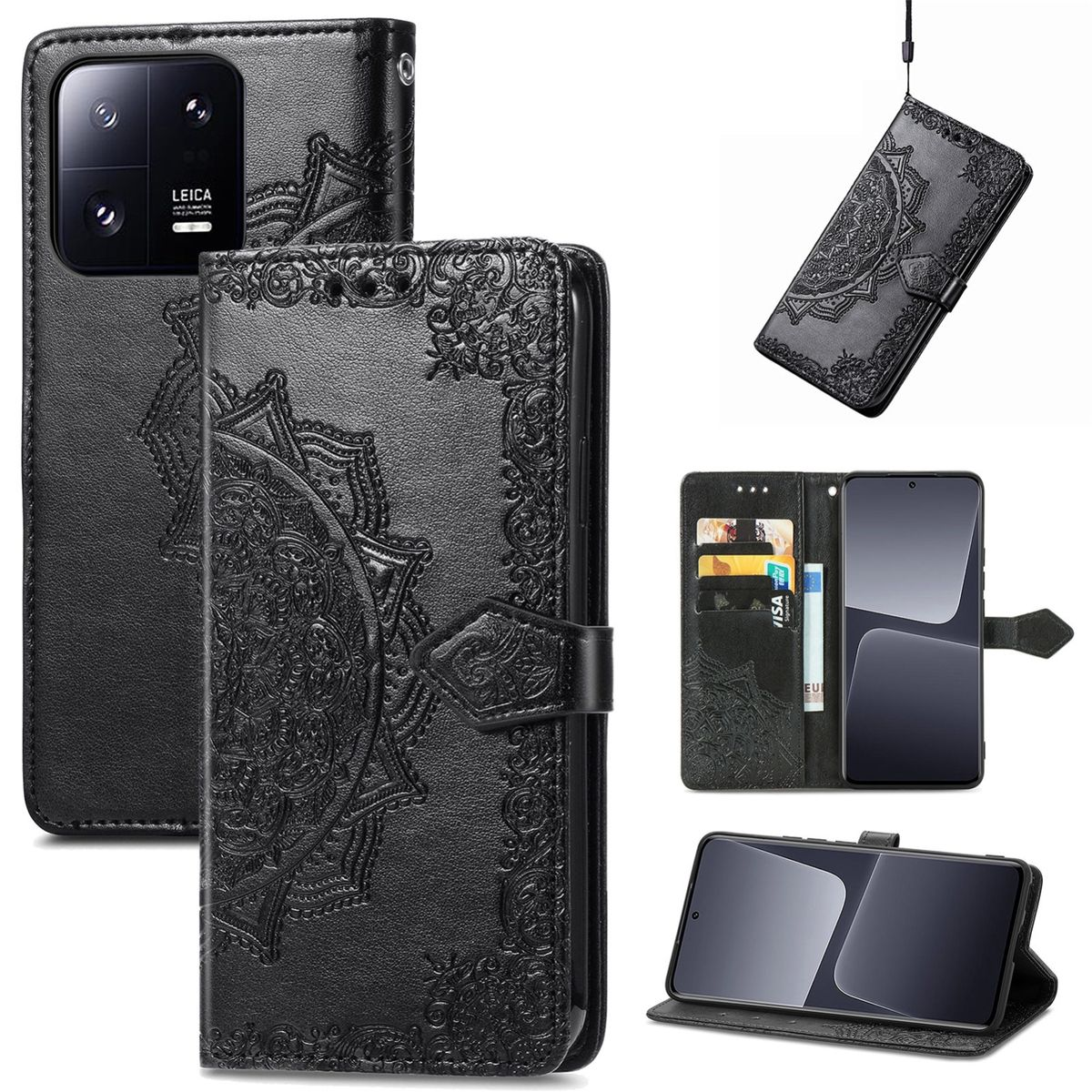 Schwarze Handyhülle mit floralem Muster, mehrere Ansichten zeigen das Telefon im Inneren. Mit Kartenfächern und Riemen.