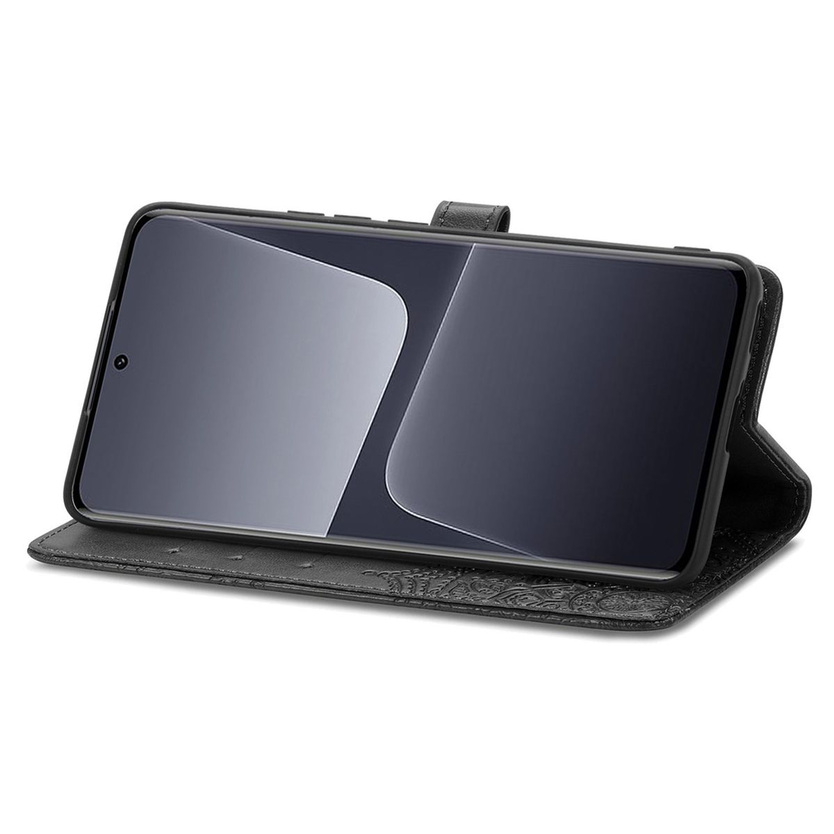 Geöffnete schwarze Handyhülle, die das Telefon zeigt. Das Gehäuse ist horizontal geöffnet.