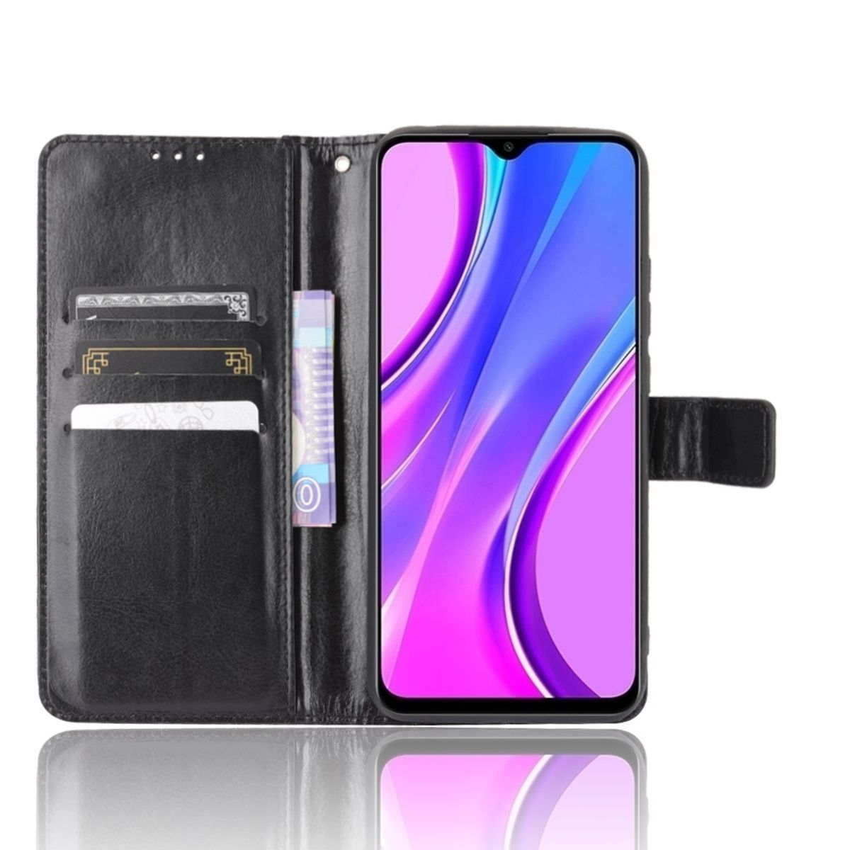 Schwarze Handyhülle offen, mit Telefon, das einen rosa Bildschirm zeigt, und Kartenfächern.