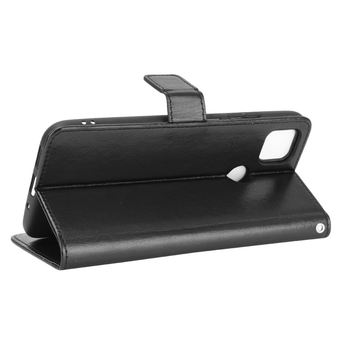 Schwarze Handyhülle. Geöffnet, Innenseite zeigend. Schwarzes Leder. Weißer Hintergrund.