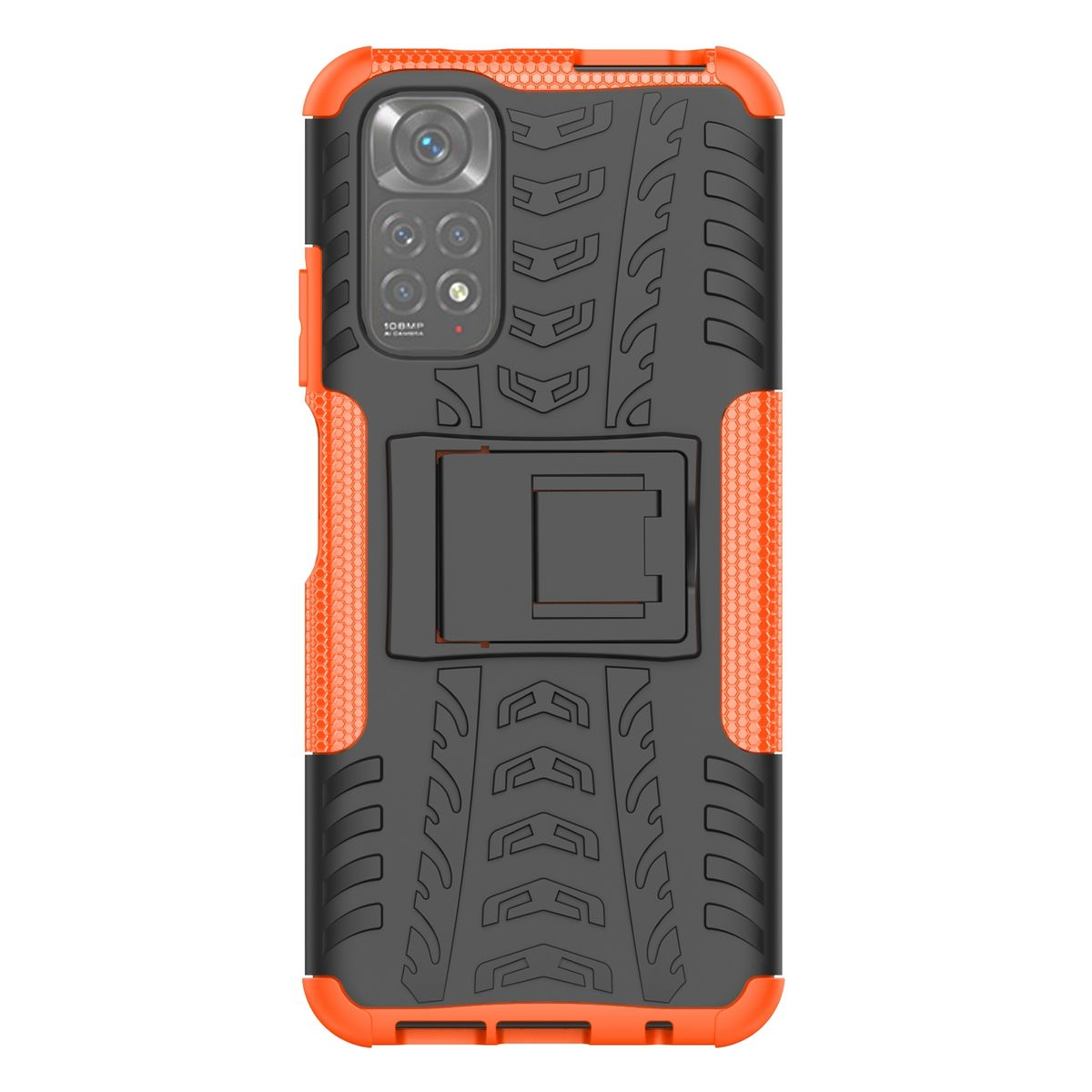 Orange und schwarze Handyhülle. Strukturiertes Design. Kamera und ein Ständer sind sichtbar.
