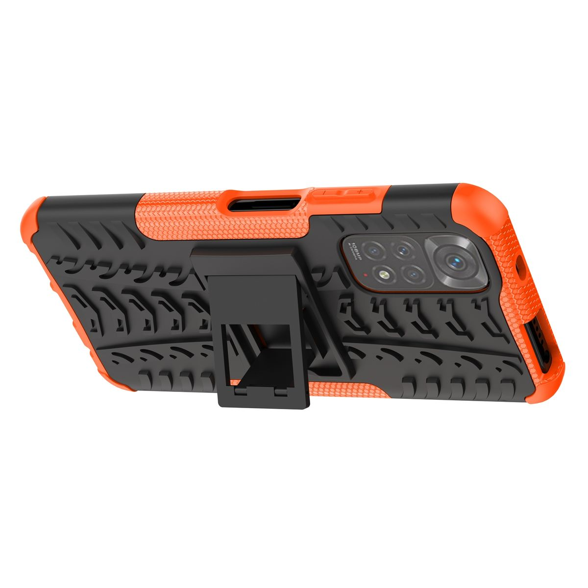 Orangefarbene und schwarze Handyhülle mit Ständer. Die Hülle hat ein strukturiertes Design und einen Kameraausschnitt.