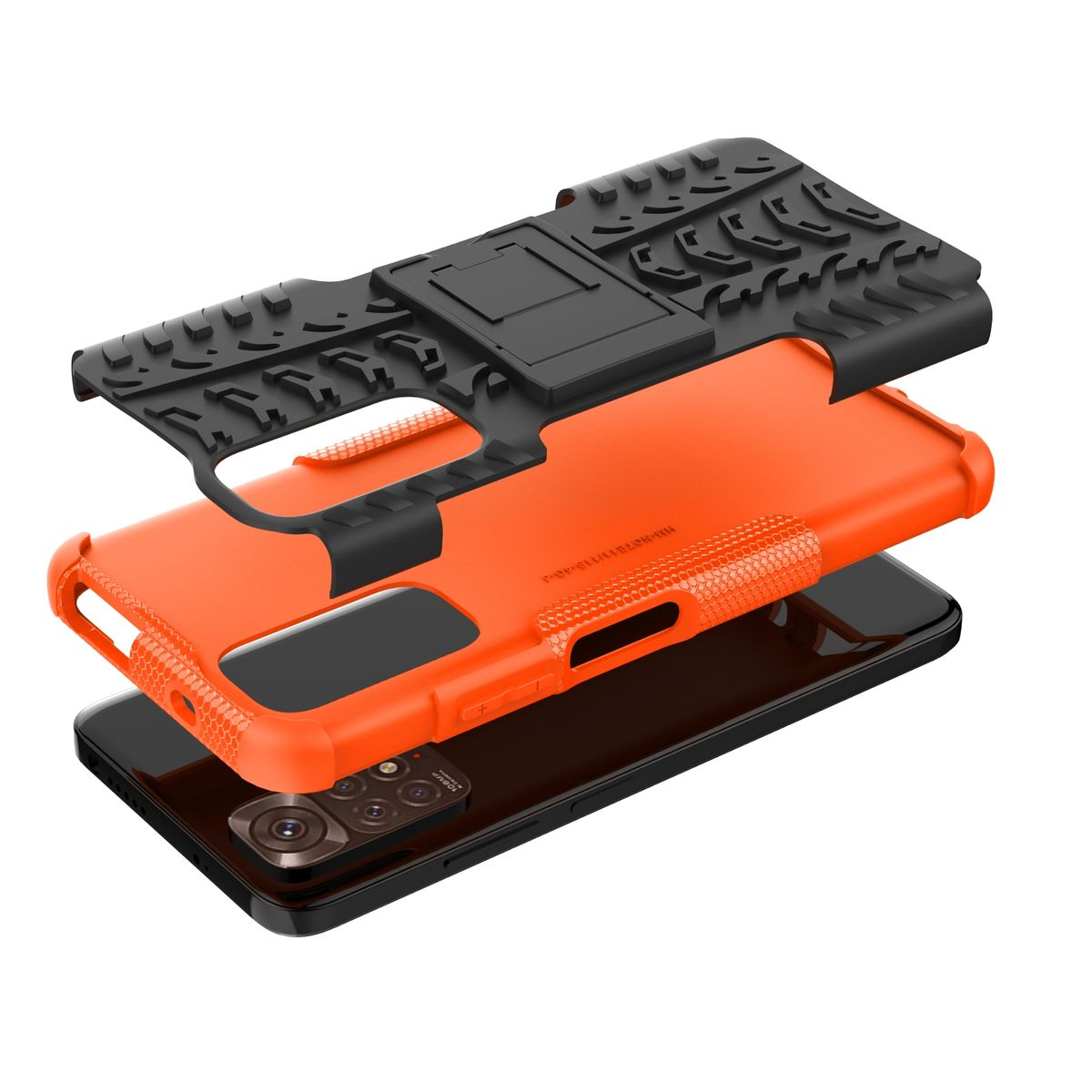 Orange und schwarze Handyhülle, zerlegt. Schichten zeigen Telefon und Schutz.