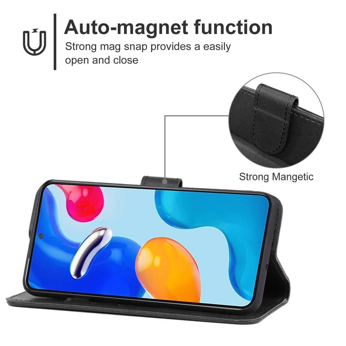 Schwarze Handyhülle mit Telefon, zeigt eine Auto-Magnet-Funktion und einen starken Magnetverschluss.