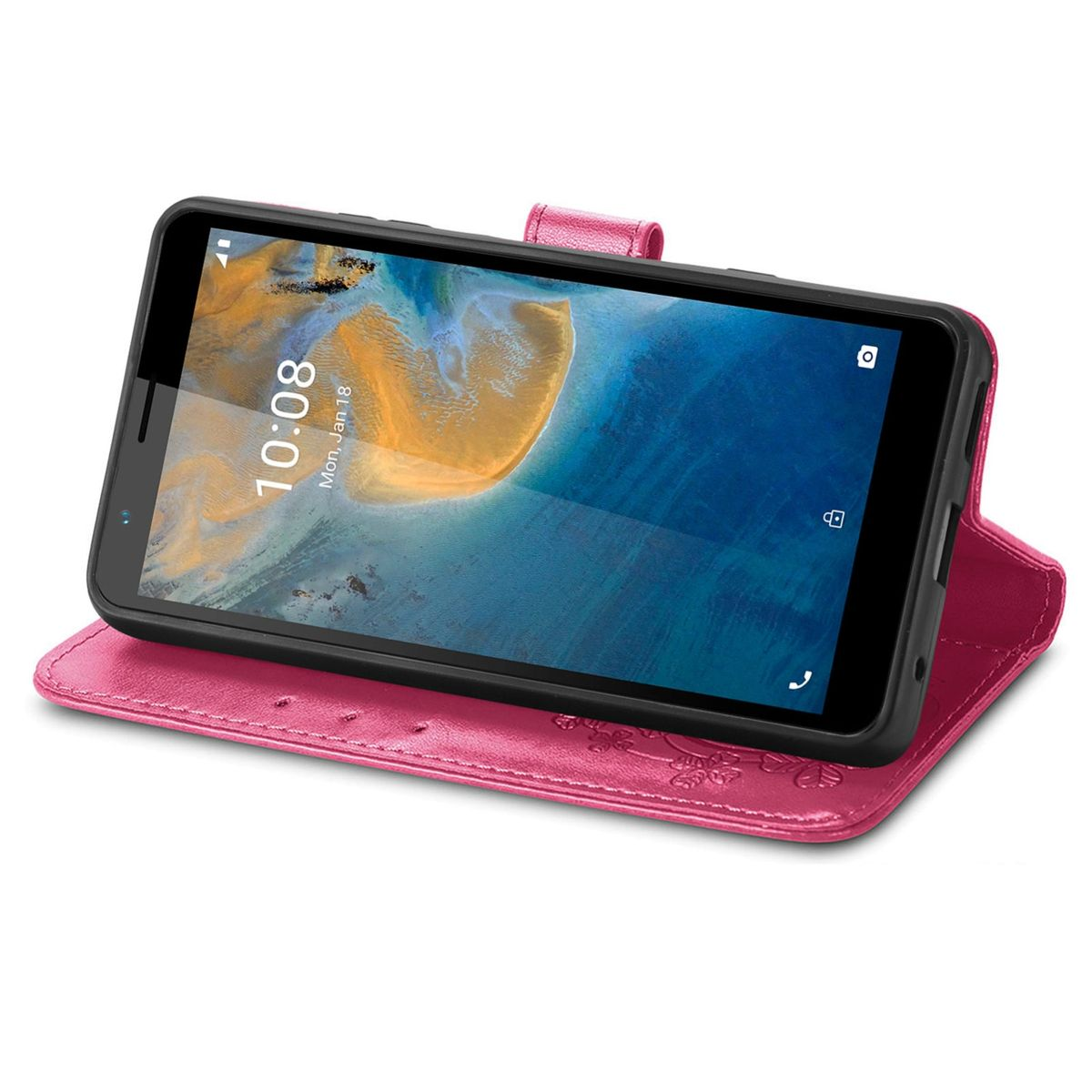 Rosa Handyhülle, offen, die ein Telefon zeigt. Das Telefon zeigt ein Landschaftsbild mit floralem Muster.