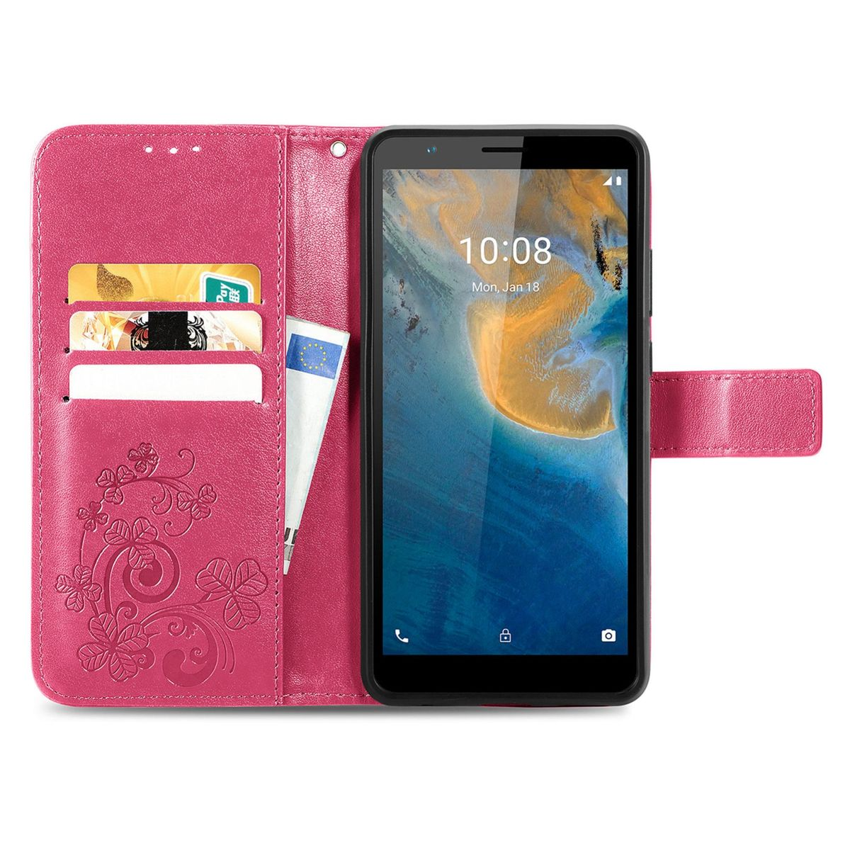 Offene, pinkfarbene Handyhülle. Telefon zeigt Uhrzeit und Datum. Karten und Stift. Blumendesign.