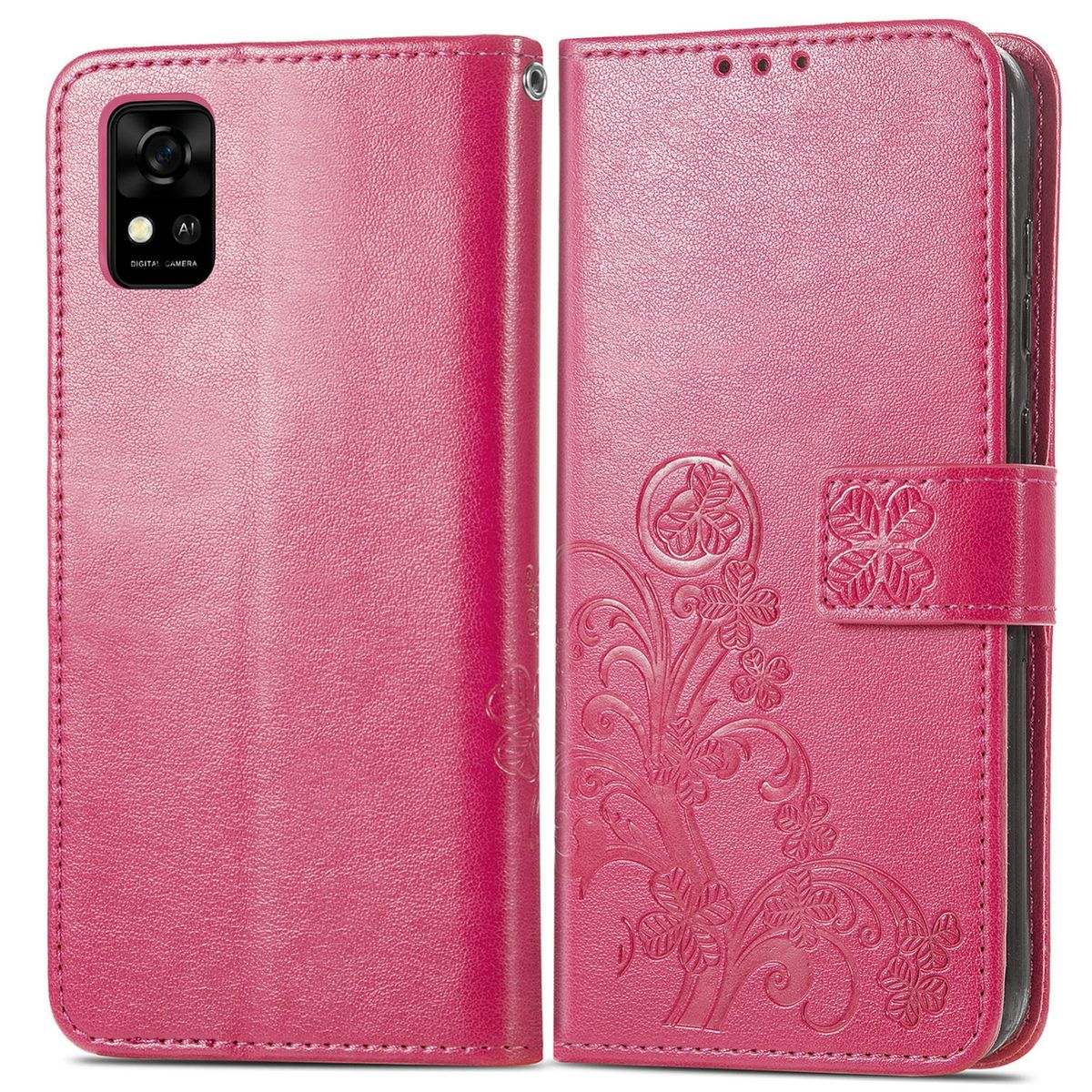 Offene pinkfarbene Handyhülle, zeigt Telefon und geprägtes Blumendesign.