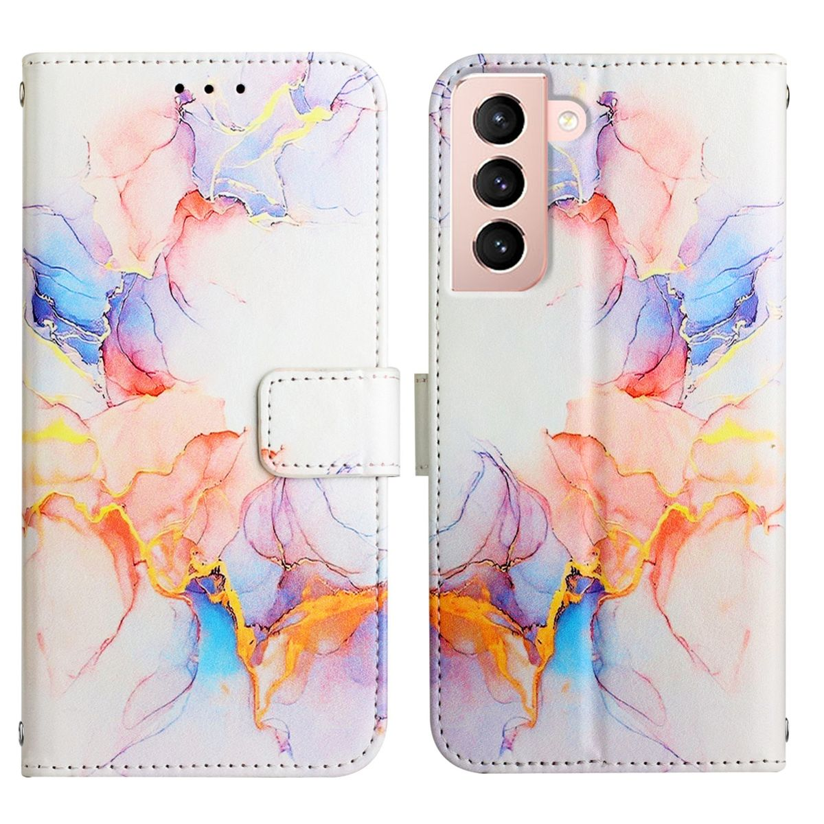 Weißes Handycase mit farbenfrohem Design. Geöffnet, zeigt ein Telefon. Das Case hat Magnetverschluss.