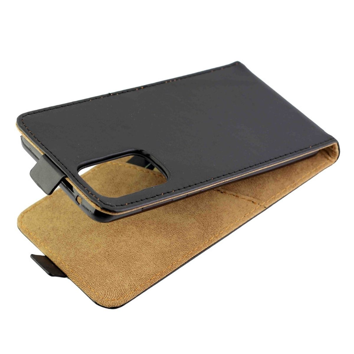 Eine schwarze Leder-Handyhülle ist geöffnet und zeigt ein braunes Innere. Die Hülle ist für ein Telefon konzipiert.