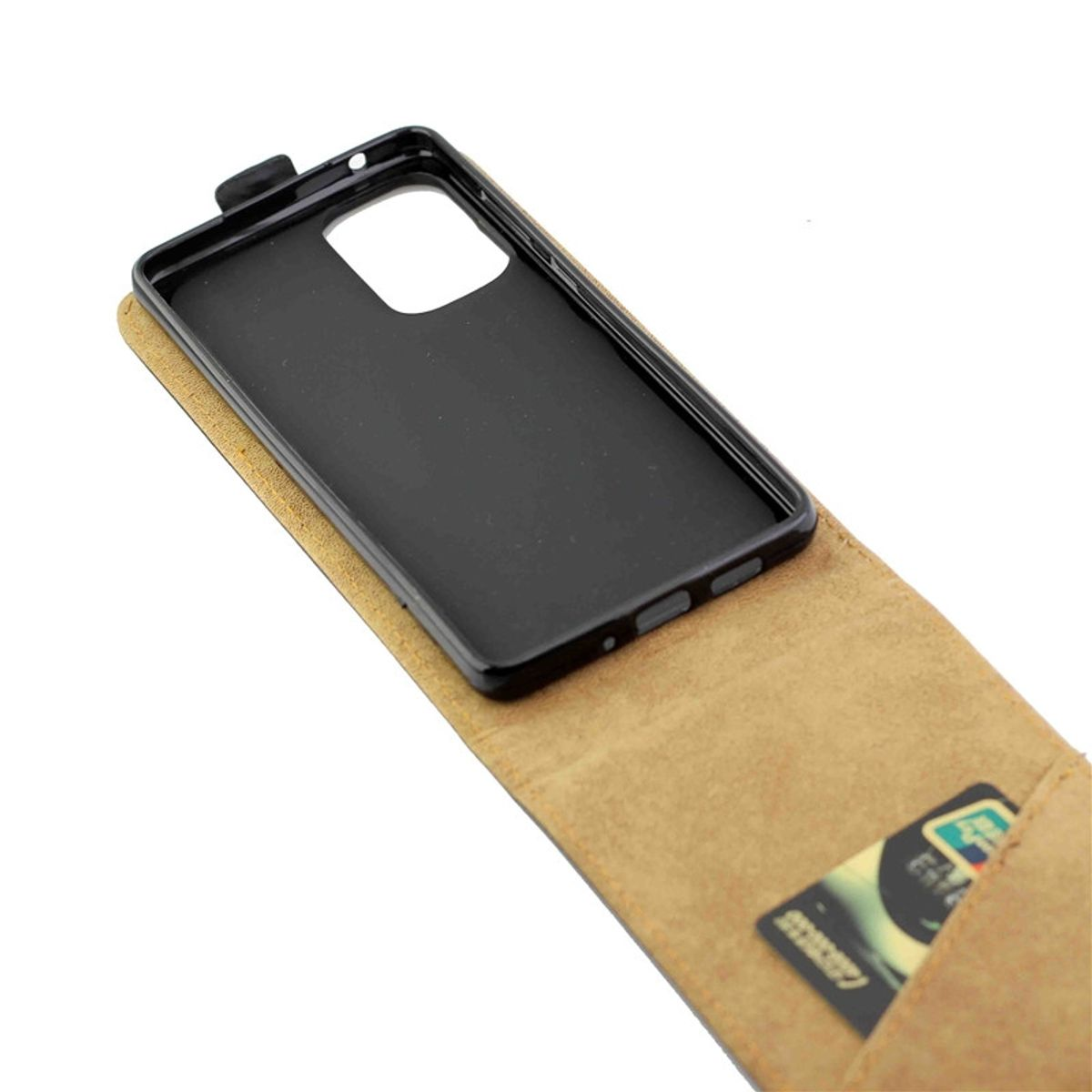 Geöffnete Handyhülle mit Kartenfach und Karte darin. Das Telefon ist nicht drin.