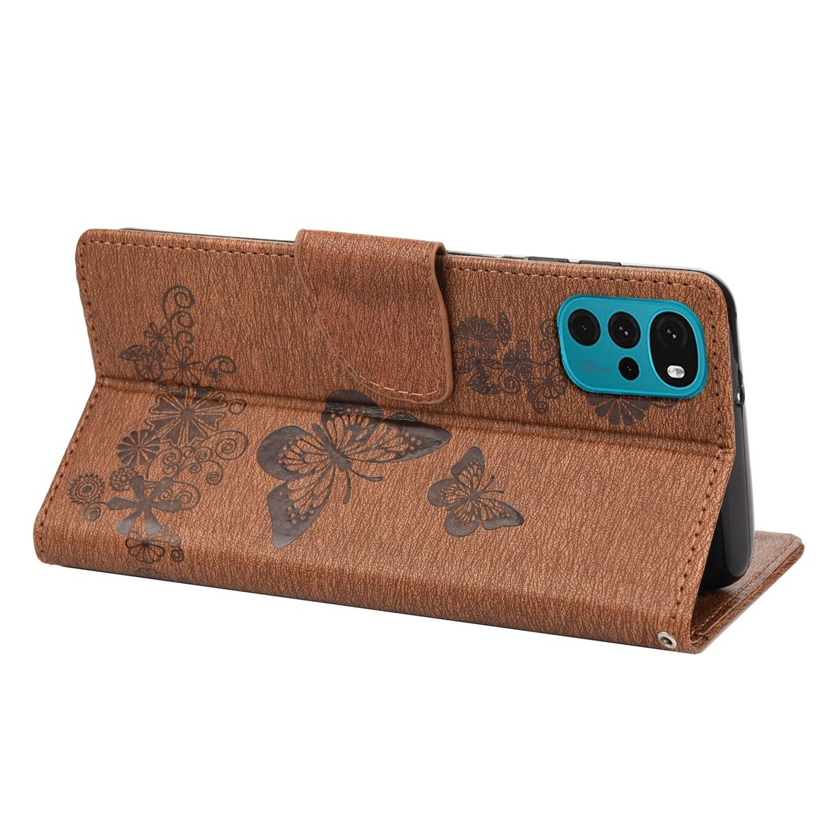 Braune Handyhülle offen, mit Schmetterlingsdesign. Das Telefon ist in der Hülle. Hülle hat Blumendetails.