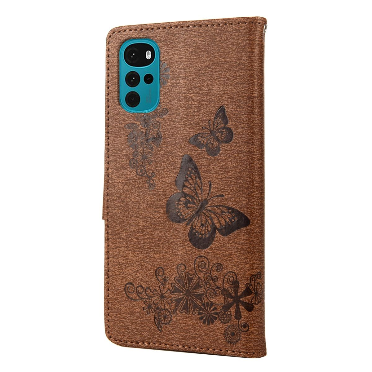 Eine braune Leder-Handyhülle mit Schmetterlings- und Blumendesigns. Ein Telefon mit blauer Kamera ist sichtbar.