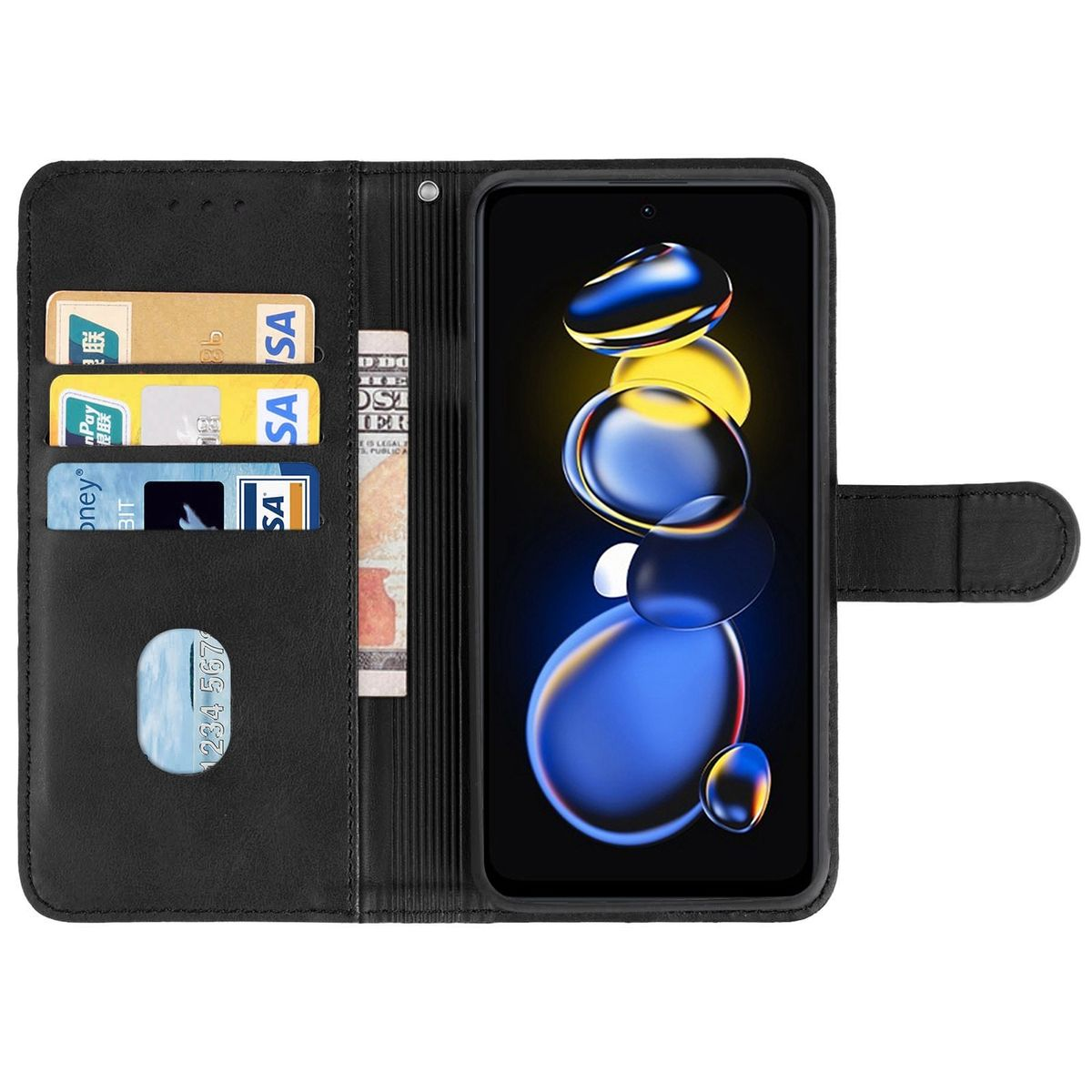 Offene schwarze Handyhülle mit mehreren Kartenfächern mit Karten und einem Telefon, das abstrakte Formen anzeigt.