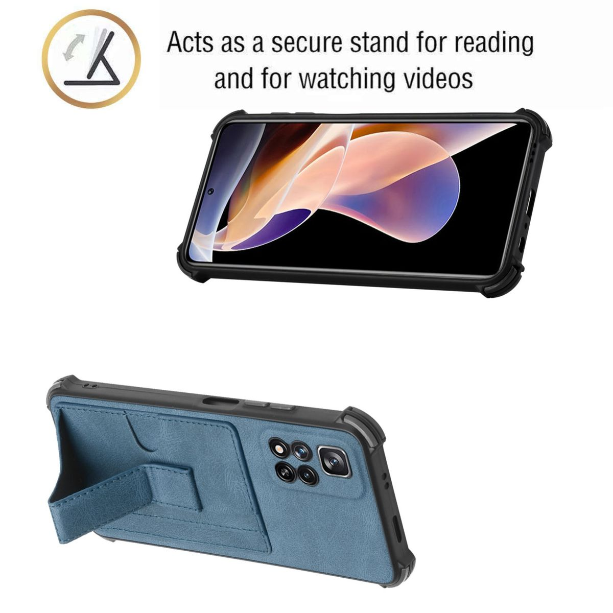 Ein Telefon in einer blauen Hülle mit Ständer, in zwei Ansichten dargestellt.