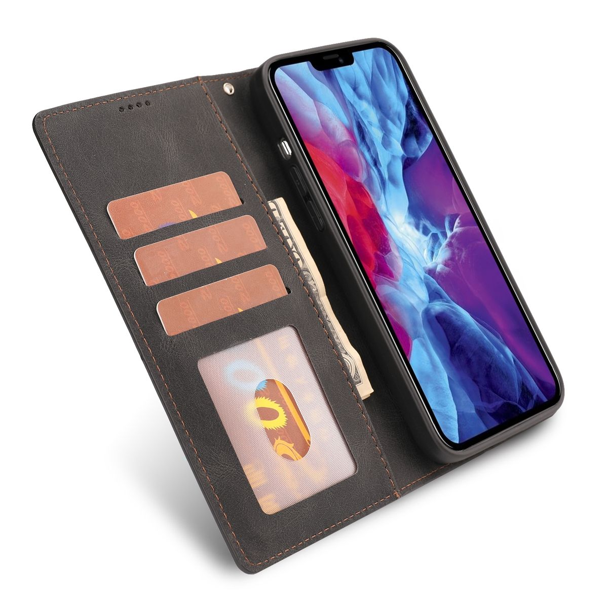 Geöffnete Handyhülle mit Telefon. Mehrere Karten und Geld sind sichtbar.