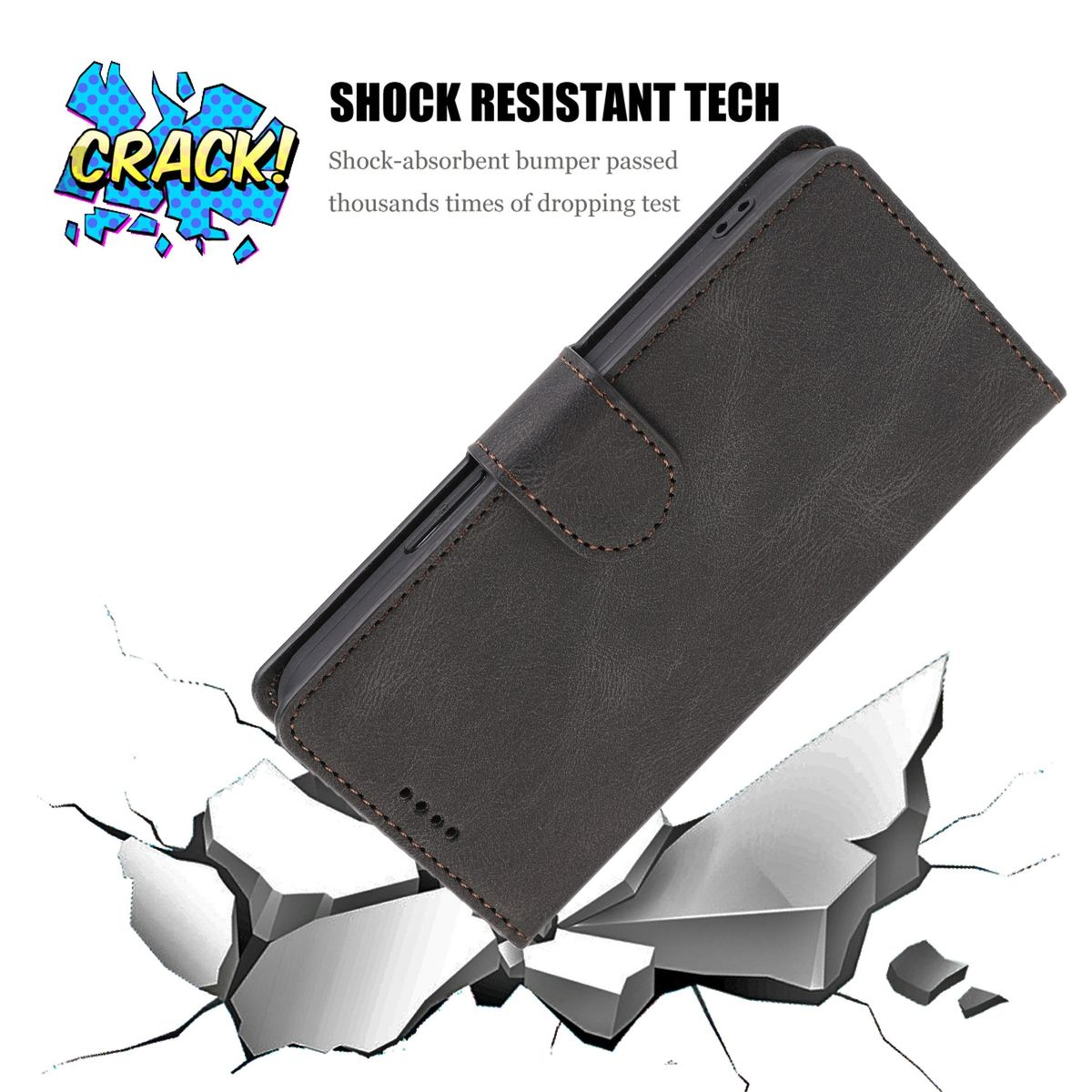 Dunkelbraune Handyhülle fällt auf einen zerbrochenen Boden, mit Text 'CRACK!' und 'SHOCK RESISTANT TECH'.