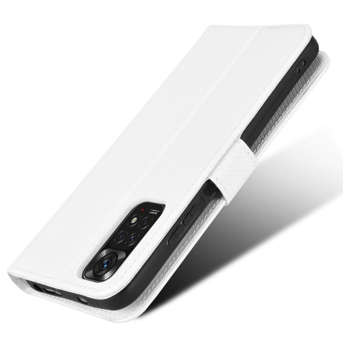 Weiße Handyhülle geschlossen, schräge Ansicht. Telefonkamera sichtbar. Hülle lederartig.