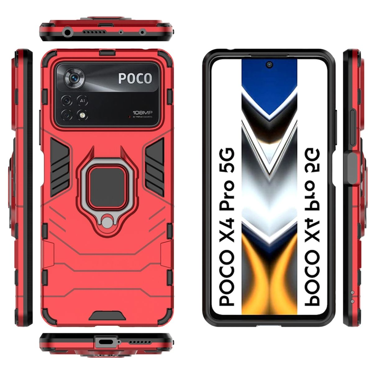 Rote Handyhülle mit robustem Design. Telefon ist rot mit Kamera, und das Logo POCO ist sichtbar.