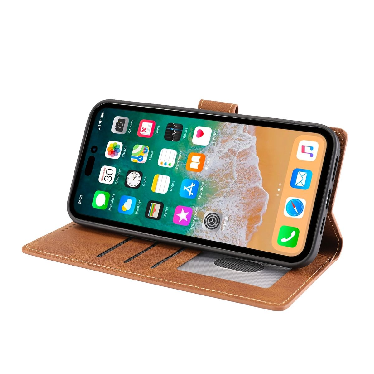 Braune Leder-Handyhülle, offen, mit Telefon und Kartenfach. Weißer Hintergrund.