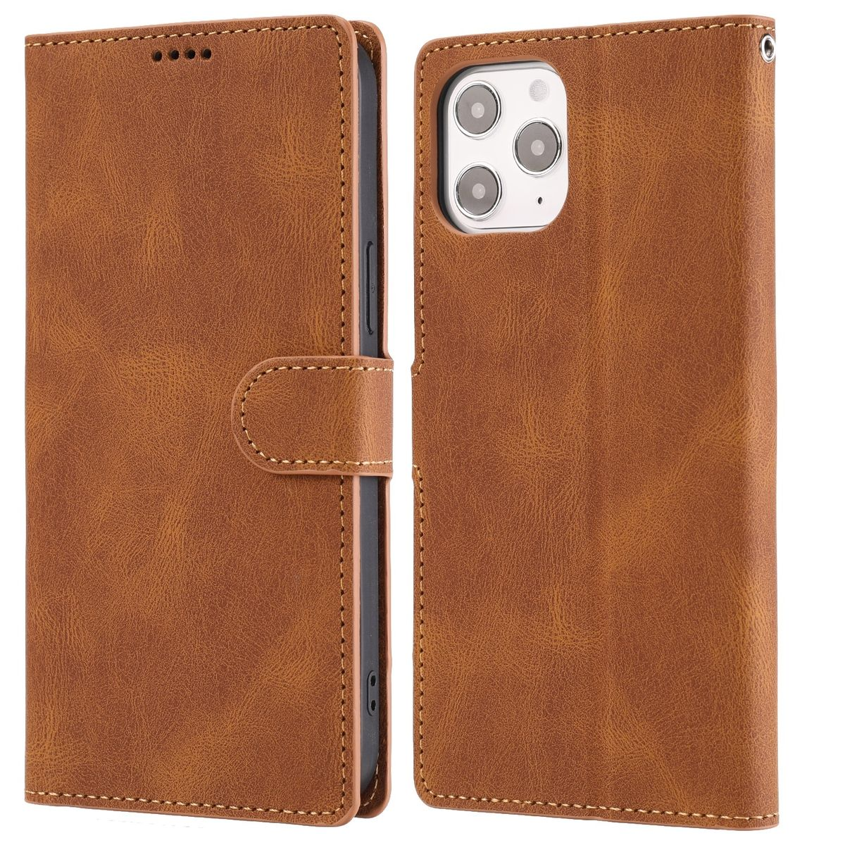 Eine braune Leder-Handyhülle, offen, die den Telefonhalter und das Telefon selbst zeigt. Die Hülle ist geöffnet.