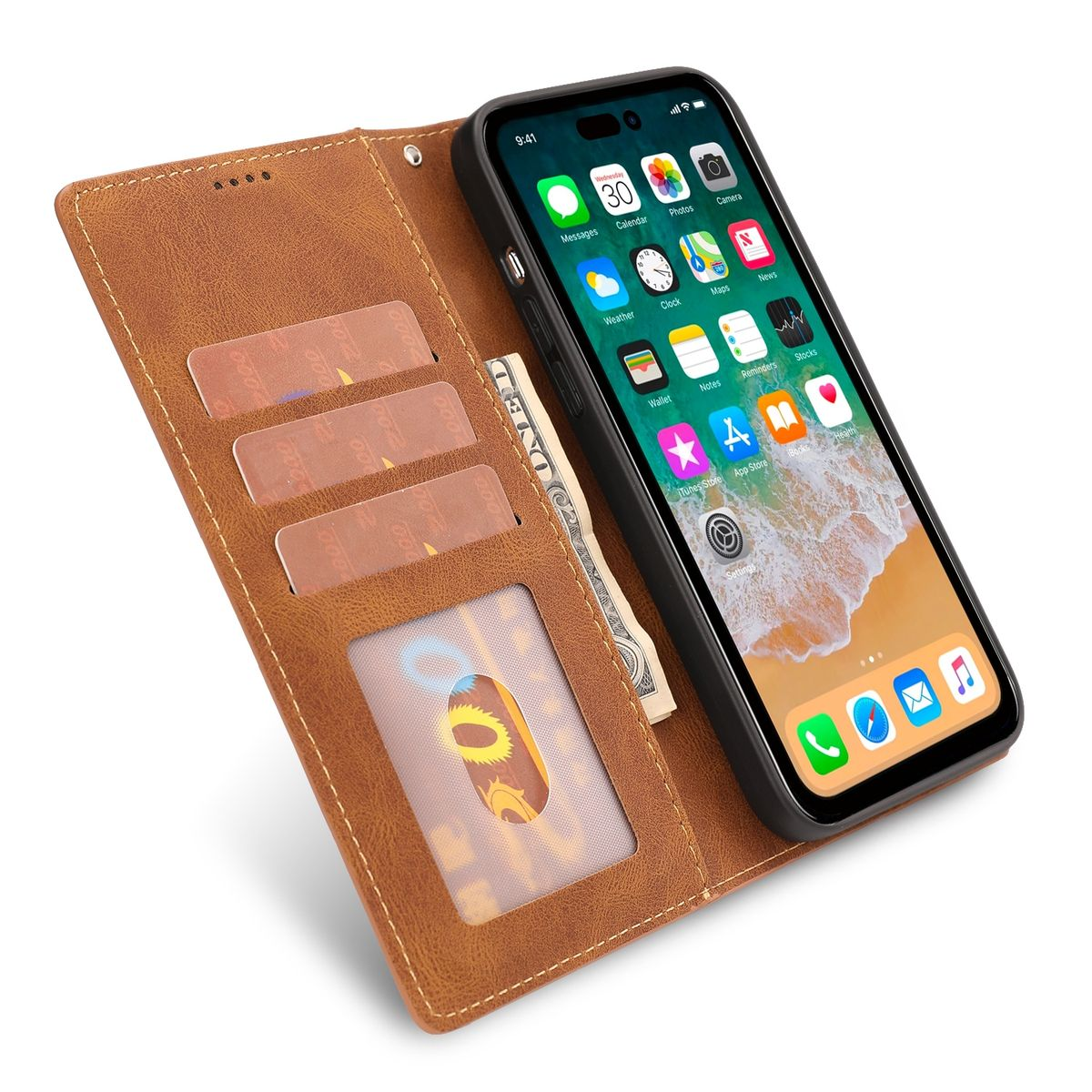 Braune Handyhülle offen, mit Telefon, das Apps, Karten und Geld zeigt. Weißer Hintergrund.