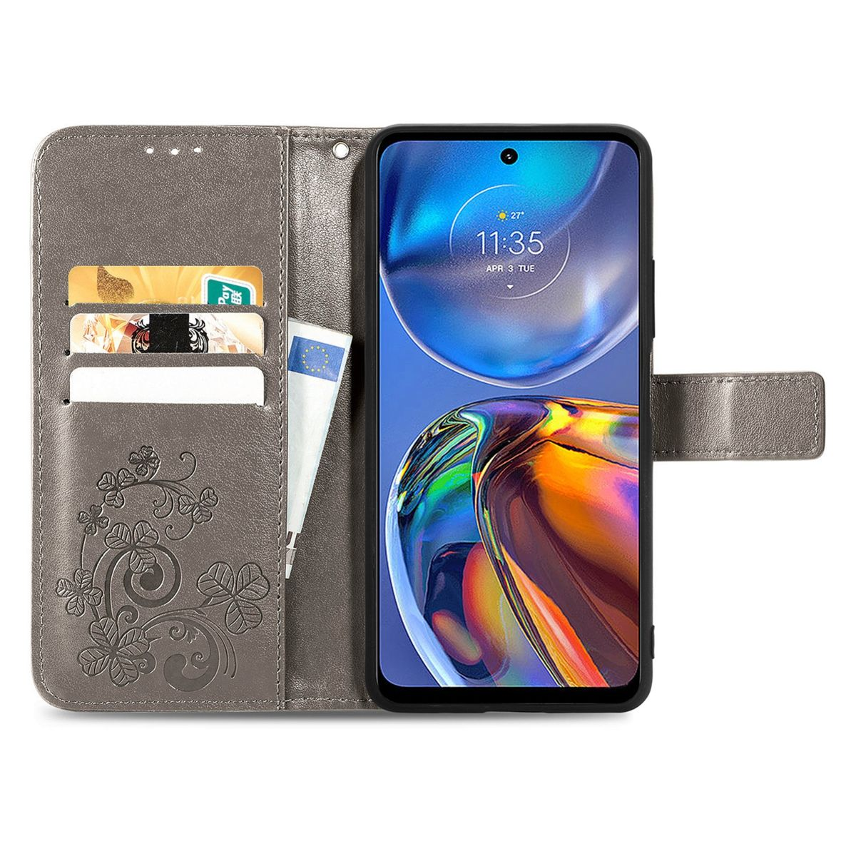 Eine graue Handyhülle mit Kartenfächern und einem Telefon. Verziert mit einem Blumendesign.