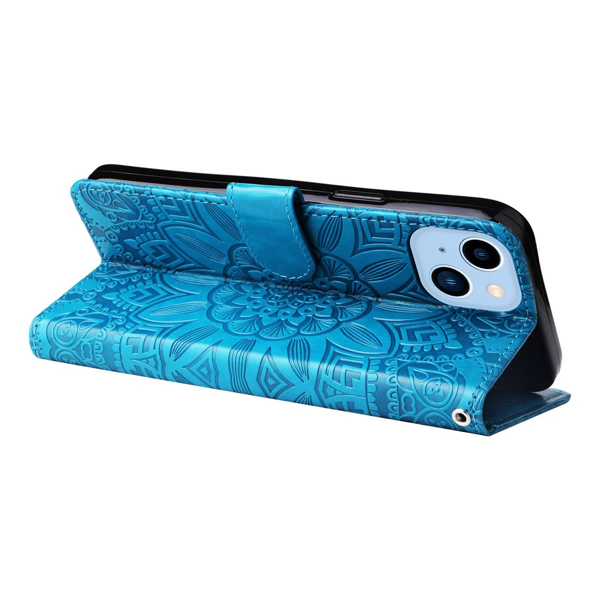 Blaue Handyhülle mit floralem Design. Telefon in der Hülle sichtbar, Kamera auf der Rückseite sichtbar.