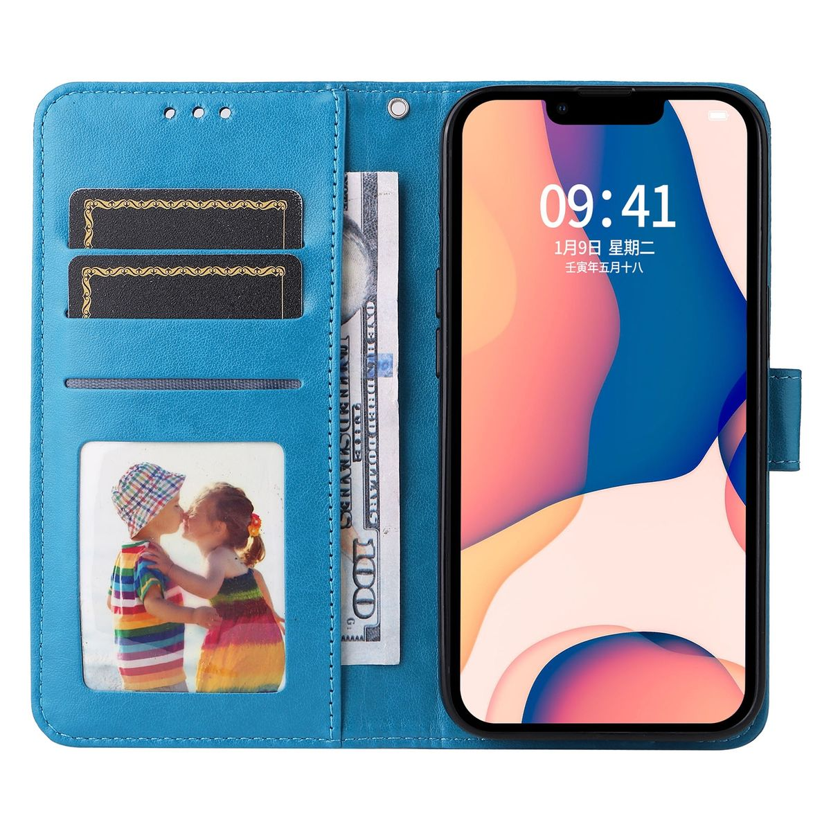 Blaue Handyhülle geöffnet, Foto küssender Kinder zeigend. Hat Kartenfächer und Geld.