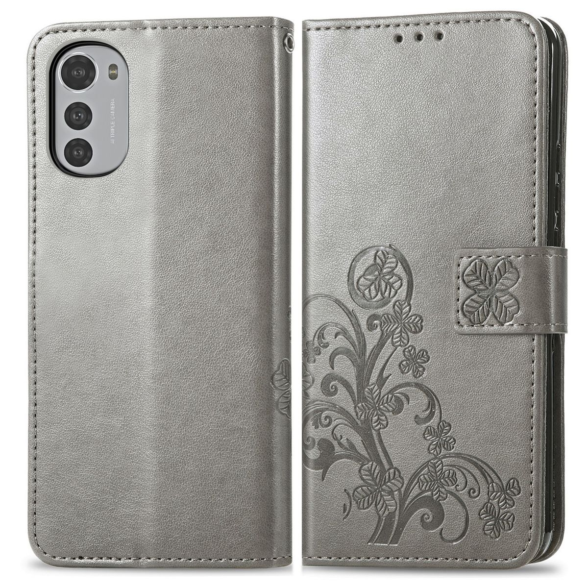 Graue Handyhülle offen. Blumendesign. Telefonkameras links sichtbar.