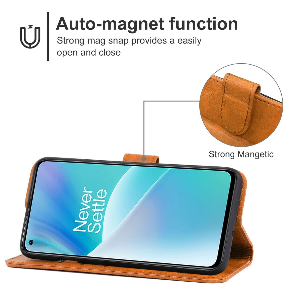 Braune Handyhülle mit Telefon, offen. Text: Auto-Magnetfunktion, starker Magnetverschluss.