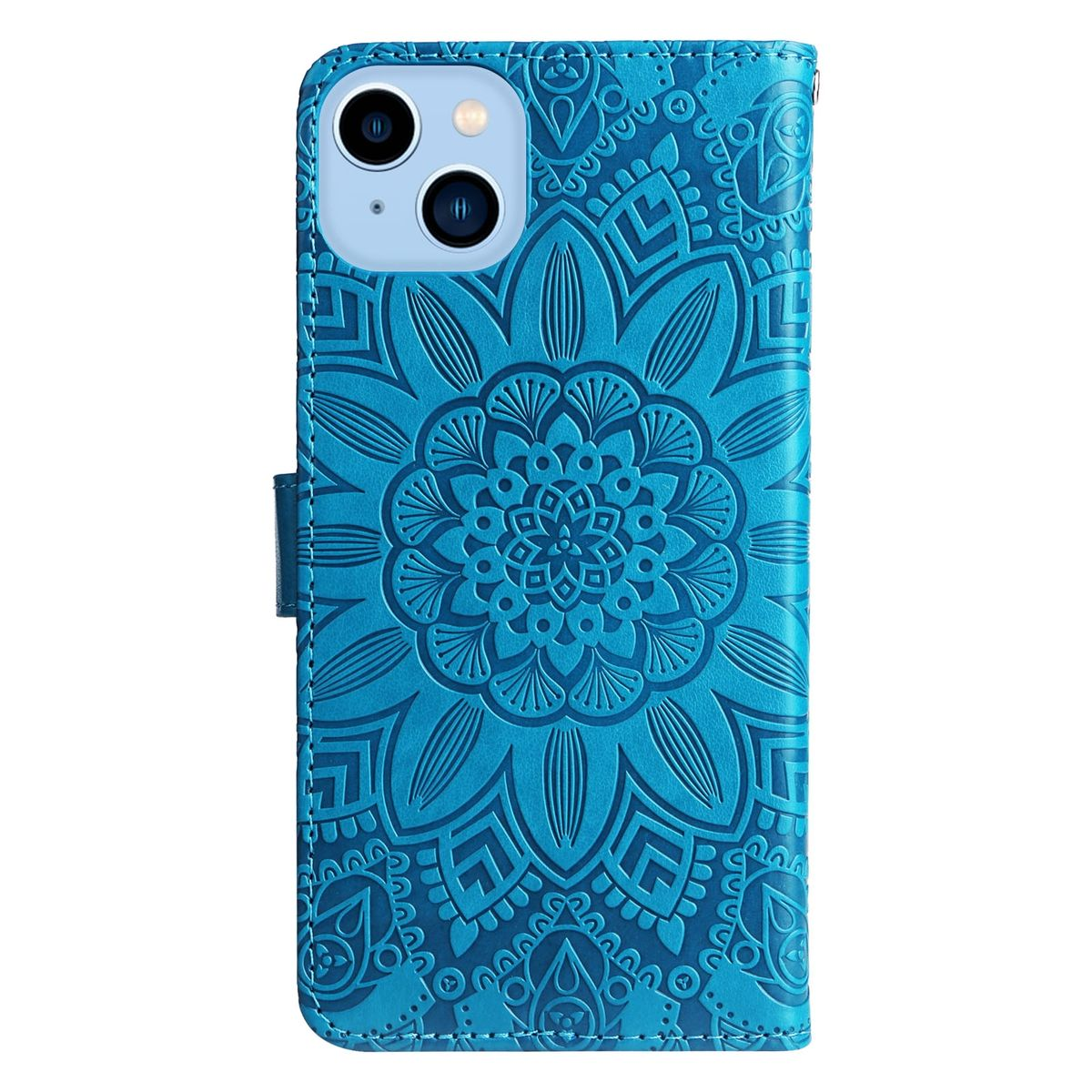 Blaue Handyhülle mit Mandala-Design. Geschlossen und nach vorne gerichtet.