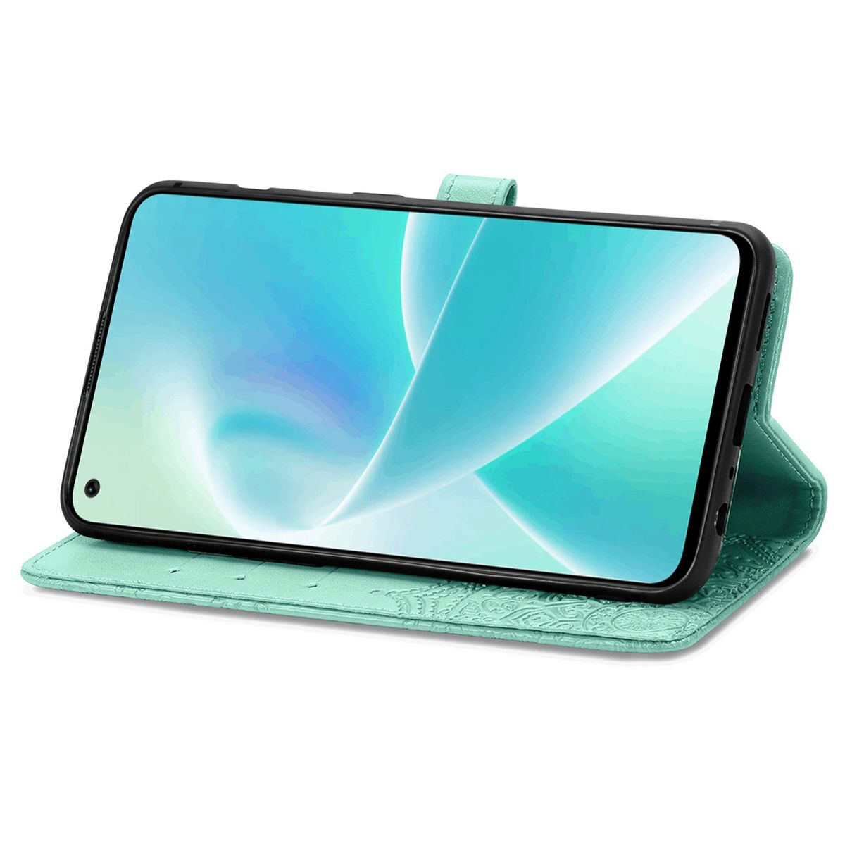 Eine mintgrüne Handyhülle geöffnet mit einem Telefon darin. Blumenmuster auf der Hülle.