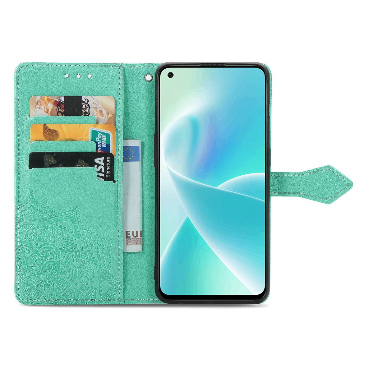 Türkisfarbene Handyhülle offen, zeigt Karten und Telefon. Die Hülle hat ein Mandala-Design und einen Magnetverschluss.