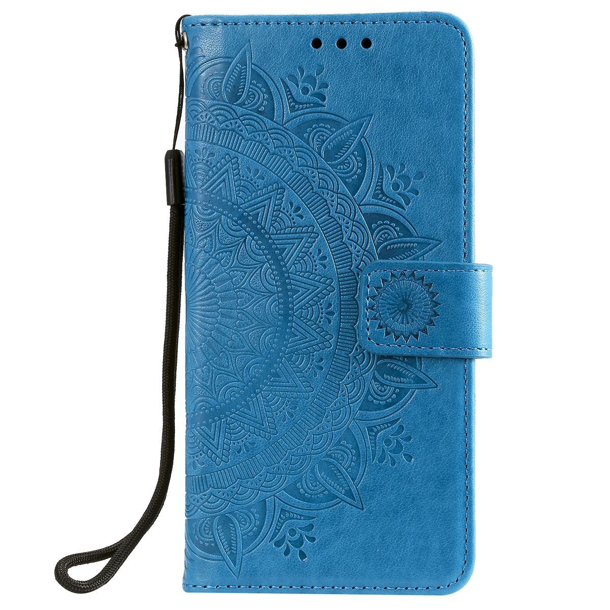 Blaue Handyhülle mit Mandala-Design. Sie hat einen Riemen und einen Magnetverschluss. Die Hülle ist geschlossen.