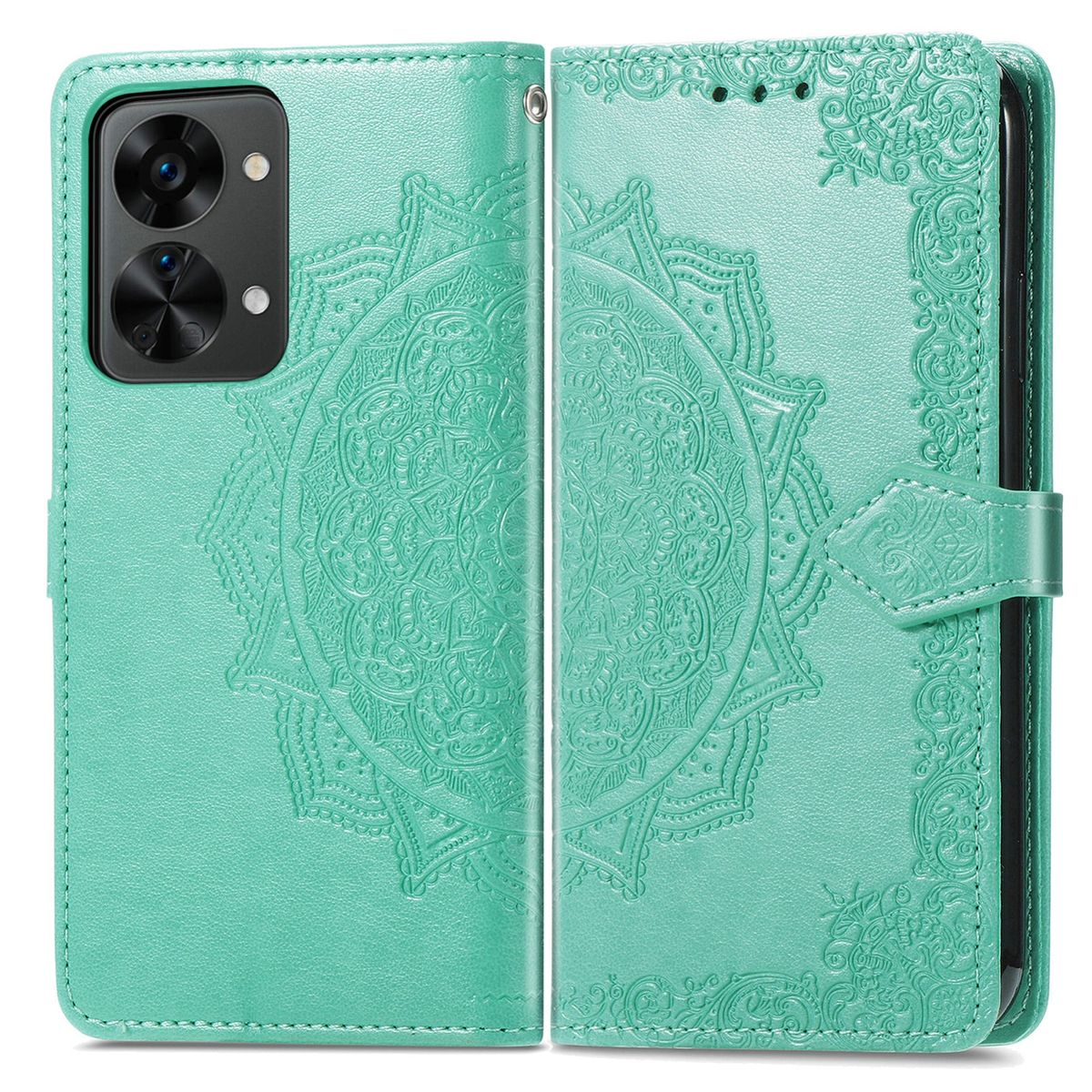 Türkisfarbene Handyhülle mit Telefon und dekorativem Mandala-Design. Weißer Hintergrund.