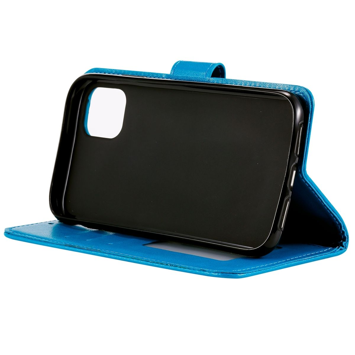 Blaue Handyhülle. Das Telefon befindet sich in der Hülle. Die Hülle ist offen.