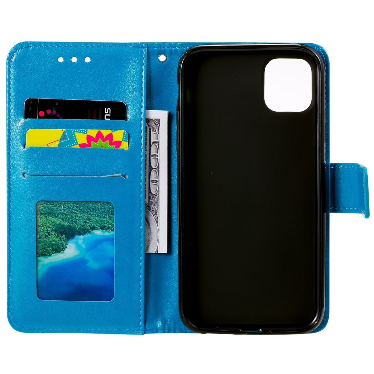Blaue Leder-Handyhülle im Brieftaschenstil mit Karten, Geld und Telefon. Die Hülle ist offen.