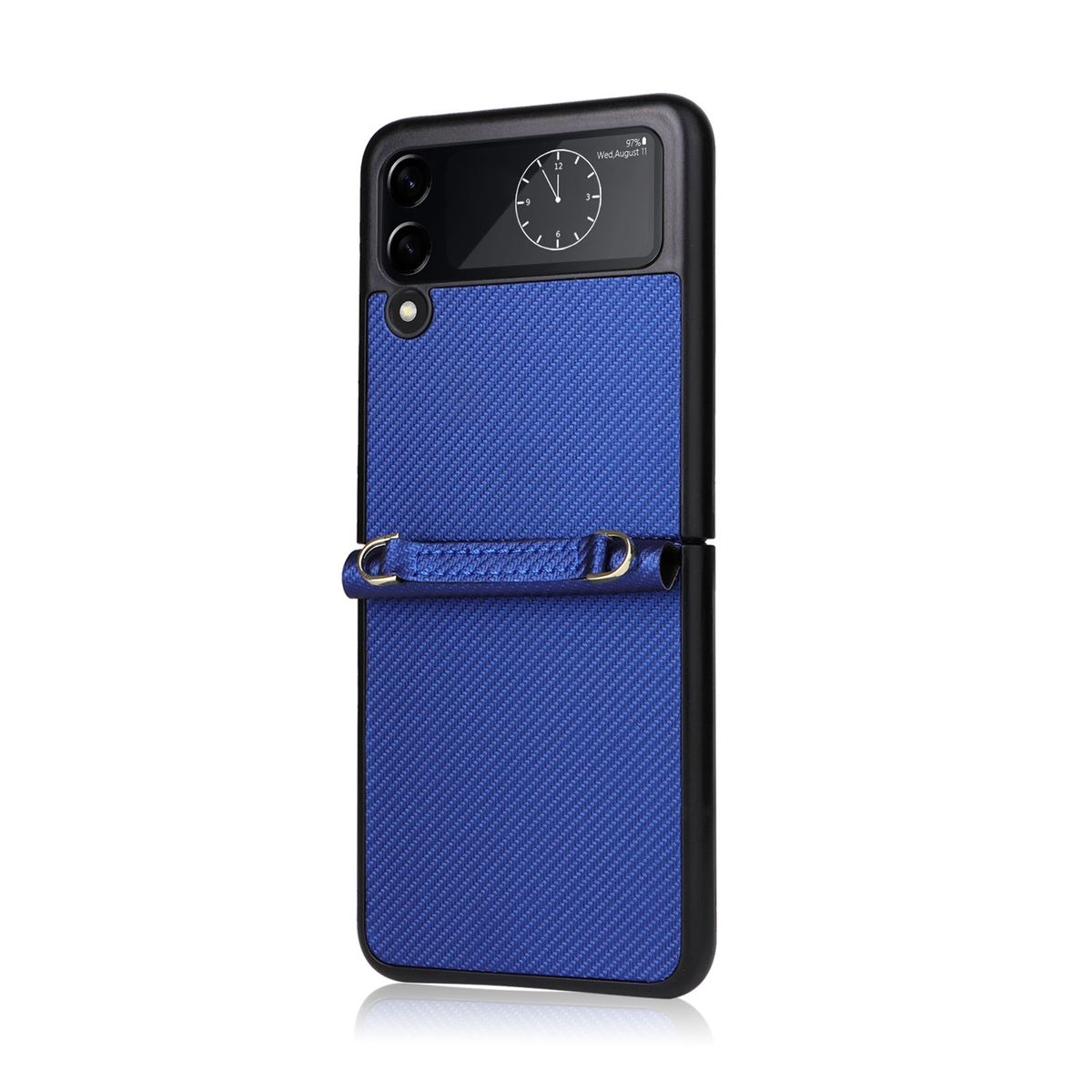 Blaues Klapphandy mit Lederhülle, schwarzer Hintergrund.