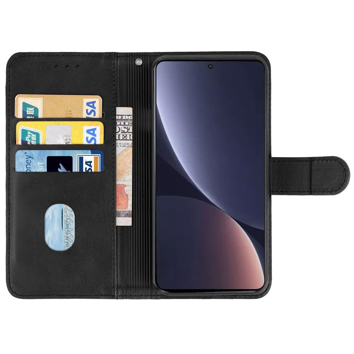 Schwarze Handyhülle offen, Karten und Telefon zeigend. Das Telefon ist schwarz, die Hülle hat Kartenfächer.