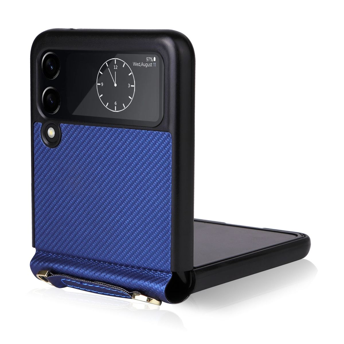 Schwarz-blaues Klapp-Handy-Case, offen, um den Telefonbildschirm zu zeigen. Es hat einen Riemen.