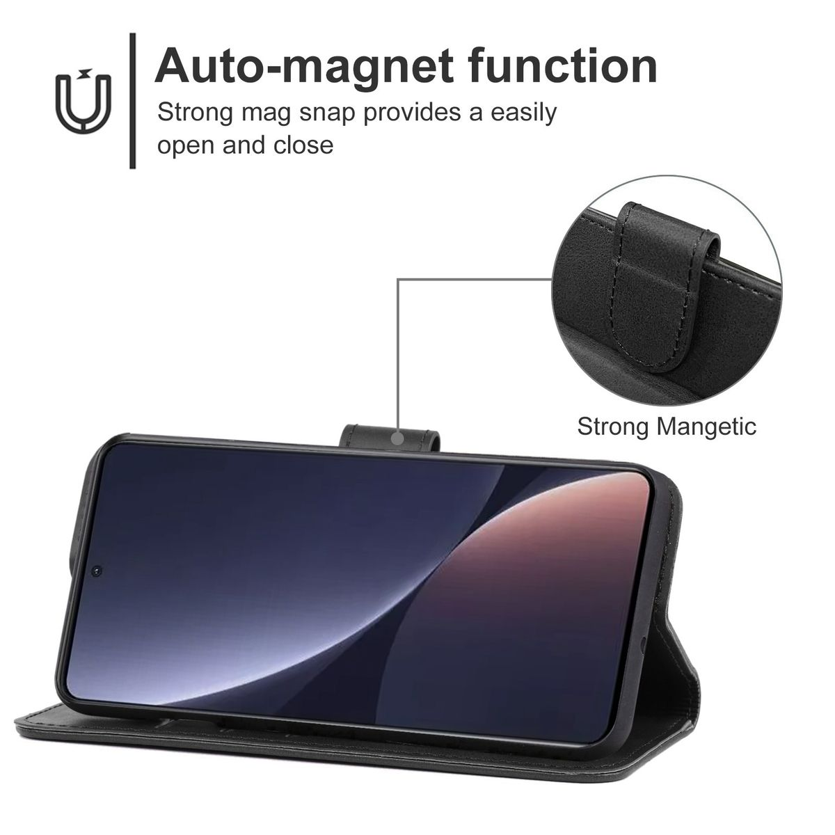 Eine Handyhülle mit einem Telefon darin. Es hat eine schwarze Hülle mit Magnetverschluss.
