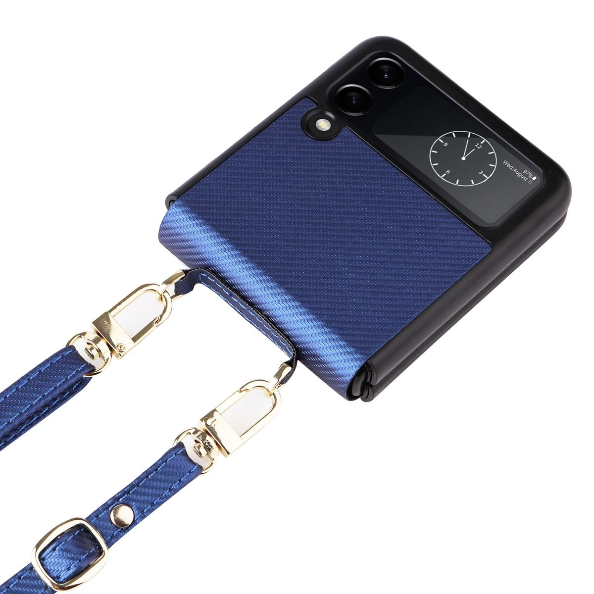 Blaue Handyhülle mit Umhängeband. Das Telefon ist zusammengeklappt, wobei der Bildschirm Zeit und Oberfläche zeigt.