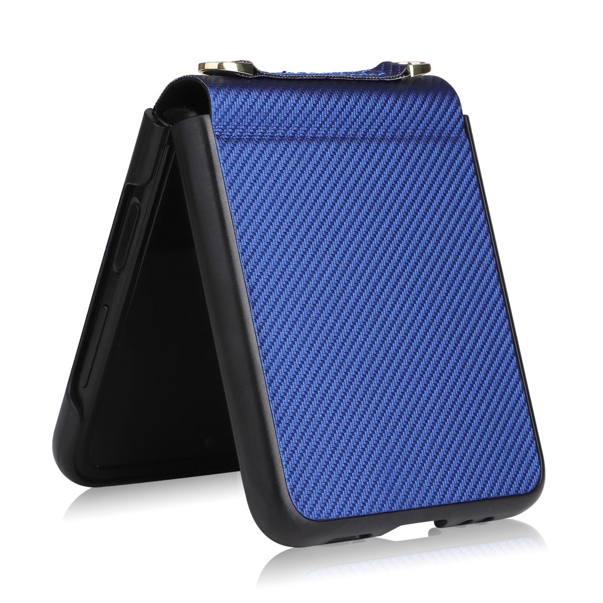 Eine blaue Handyhülle mit schwarzem Telefonhalter und kleiner Tasche.