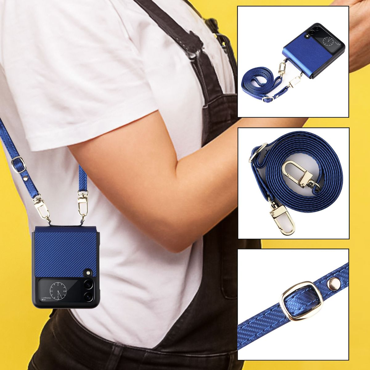 Person trägt blauen Telefonriemen quer über den Körper. Telefon ist blau.