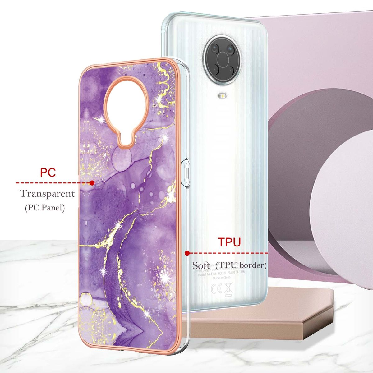 Handyhülle mit transparentem lila und goldenem Design und weißer Rückseite.