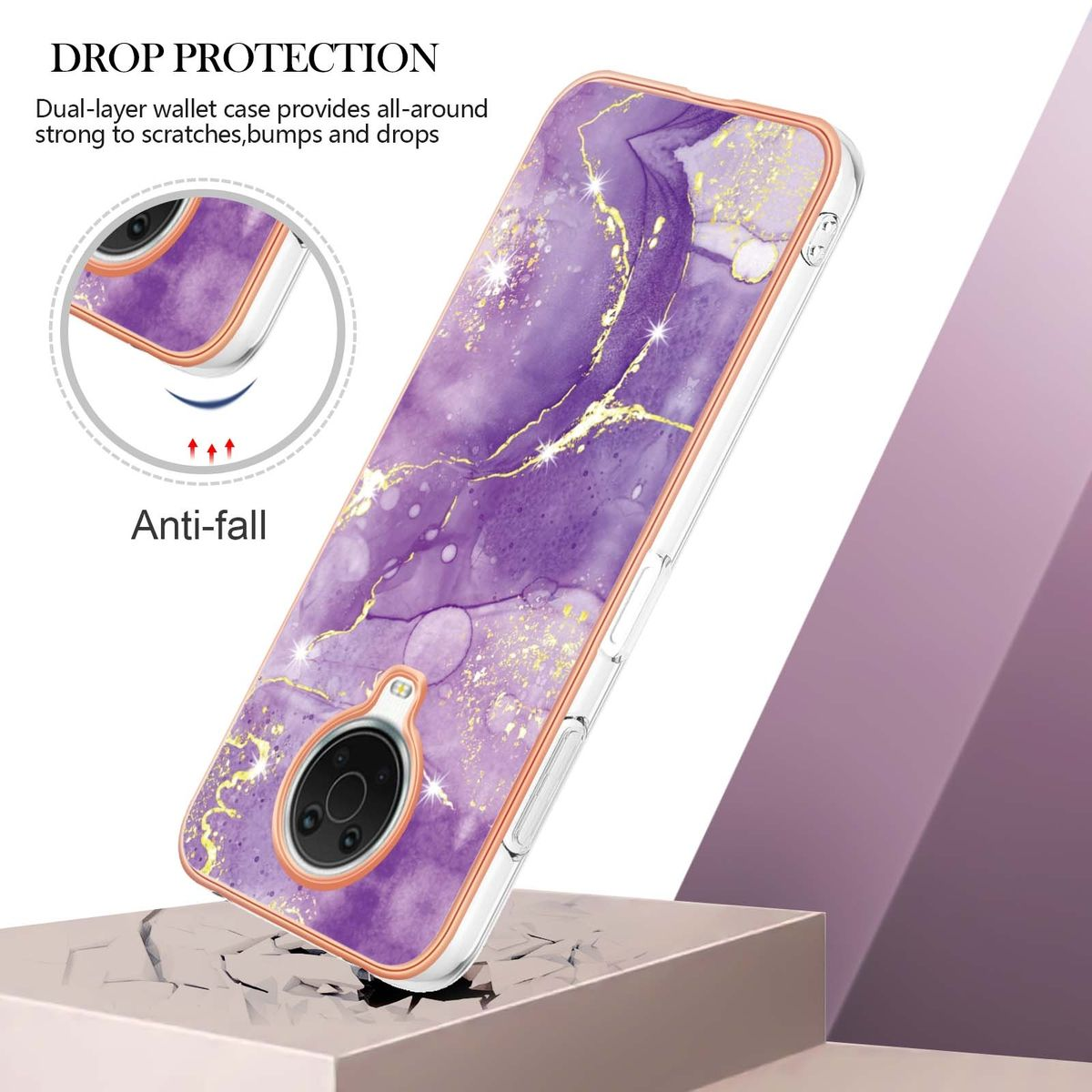 Handyhülle mit lila Marmordesign, schützt das Telefon vor Stürzen.